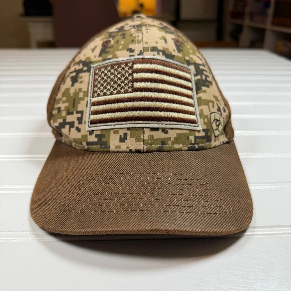 Ariat Mens Digital Camo American Flag Patch Snapback Hat Brown Western Cap